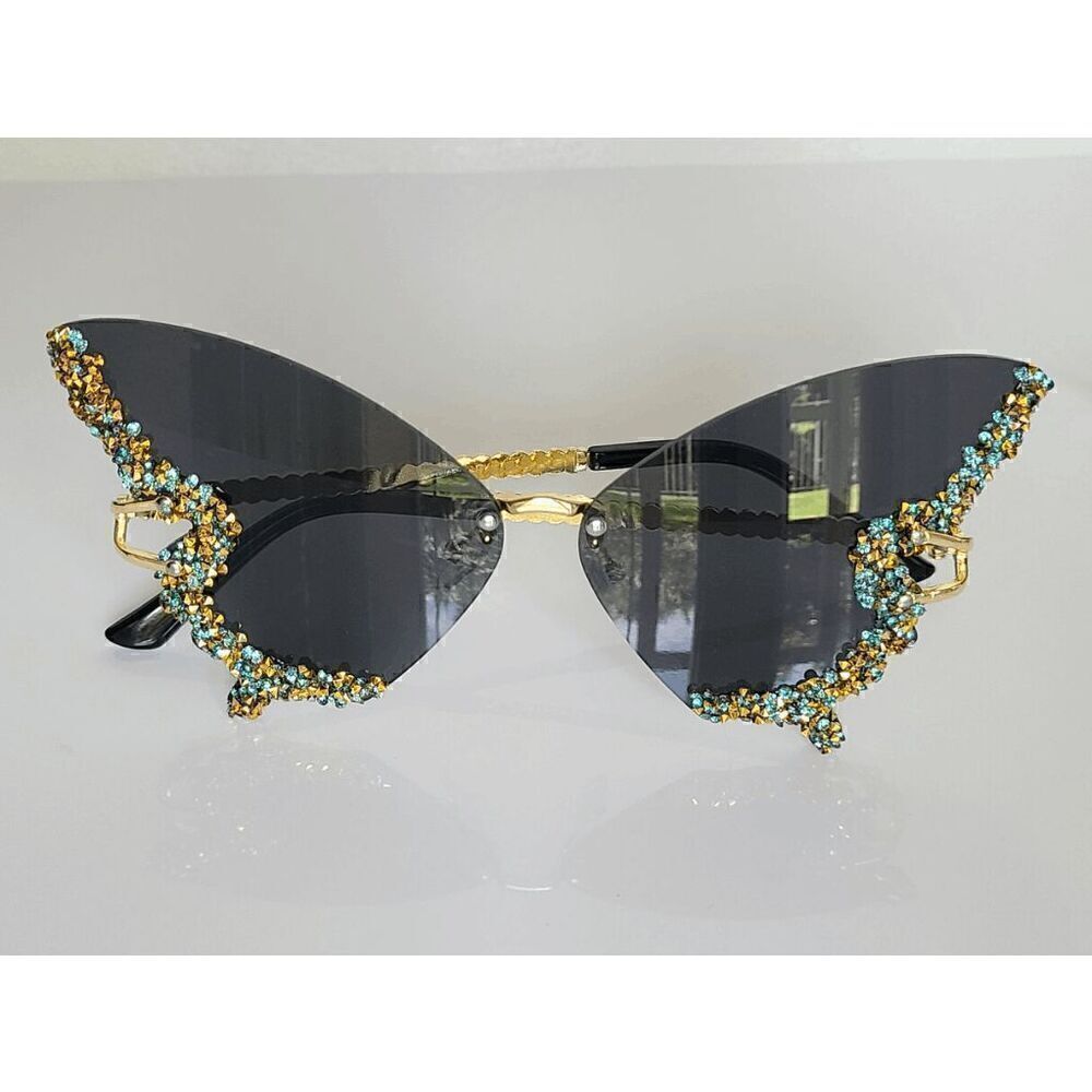 🦋✨ Rhinestone Diamond Butterfly Rimless Y2K Shades Sunglasses NEW - Picture 3 of 15